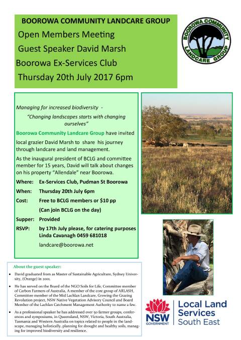 David will talk about his journey through landcare and land management, on Thursday, July 20, 6pm at the Boorowa Ex-Services Club.