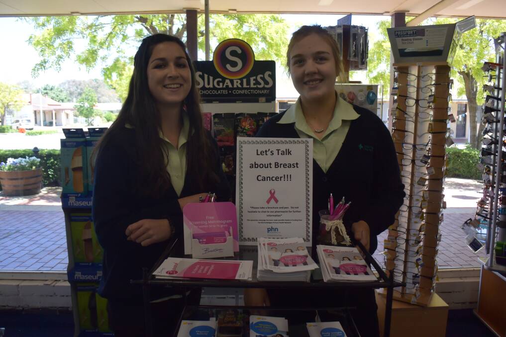 Eliza Chudleigh and Taylah Cutting from Boorowa Pharmacy with the information stand about breast cancer awareness. 