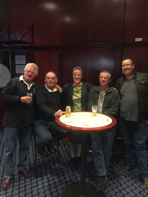 From left- Gary Dwyer, Tony Walters, Kim Cooper, Tony Cassells and Casey Cooper, part of the group at Kim's farewell last Friday. Photo supplied. 
