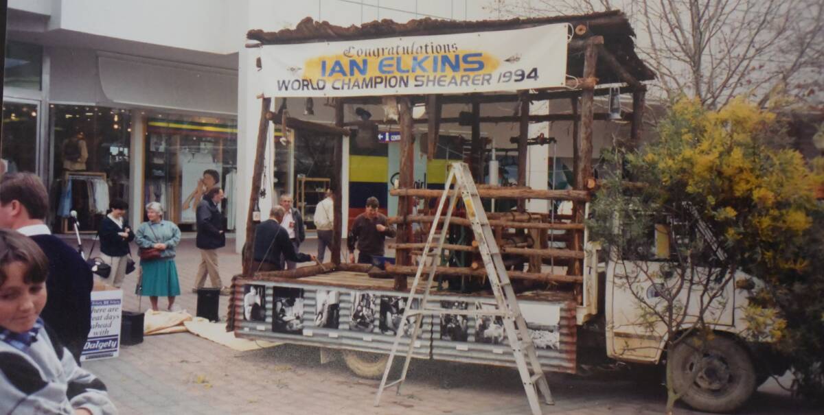 The portable shearing shed stationed in Civic in Canberra to mark the very first Boorowa Woolweek in 1994. It featured world champion shearer Ian Elkins and drew hundreds to watch. 