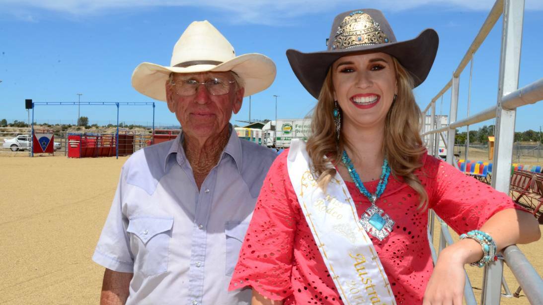 COMMON INTEREST: Rodeo stock contractor John "Happy" Gill and the Australia Professional Rodeo Association's Miss Rodeo Australia Emma Deicke catch up. Picture: Nikki Reynolds. 