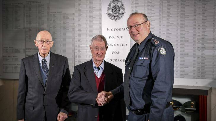 Former chief commissioner Mick Miller, former policeman Denis Ryan and Chief Commissioner Graham Ashton. Photo: Eddie Jim