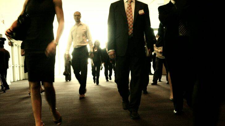 Business men and women converge after a conference in Perth, business, employment, jobs, high skilled workers, investors, work place, career, executive, generic , walking Hold for files. AFR Picture by Erin Jonasson, 080403. 
SPECIALX 00082413.