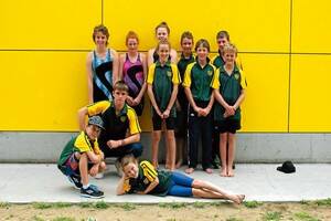 The Boorowa Swimming Team at the AIS last weekend. Back: Morgan Liddle, Jody Liddle, Olivia Gay, Brock Ritchie, Jack Hinds. Front: Adam Hinds, Mick Hinds, Marlie McIntosh, Meg McIntosh, Ben Davis and Max Gay.