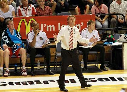On his feet … Hawks coach Gordie McLeod during Wollongong's match against Perth at the Wollongong Entertainment Centre.