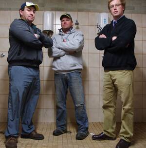 Time for an upgrade?: Boorowa Rovers Rugby League Football Club vice president Shane Picker, Boorowa Bushrangers Junior Rugby League Club president Stuart Gay and Boorowa Rugby Union Club president Justin Fleming at the shower facilities at the showground.