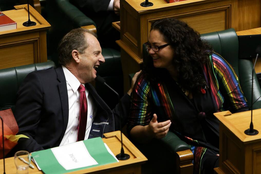 Labour MP Louisa Wall is congratulated by Labour leader David Shearer after the third reading and vote on the Marriage Equality Bill at Parliament House on April 17, 2013 in Wellington, New Zealand. Photo: Getty Images