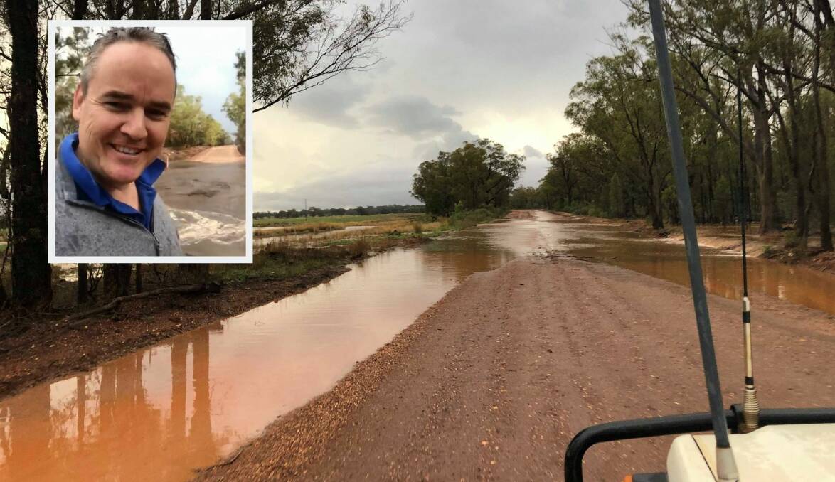 PREDICAMENT: Optus regional general manager Tom O'Dea (Inset) was stranded when floodwaters suddenly rose near Mendooran. Photos: CONTRIBUTED