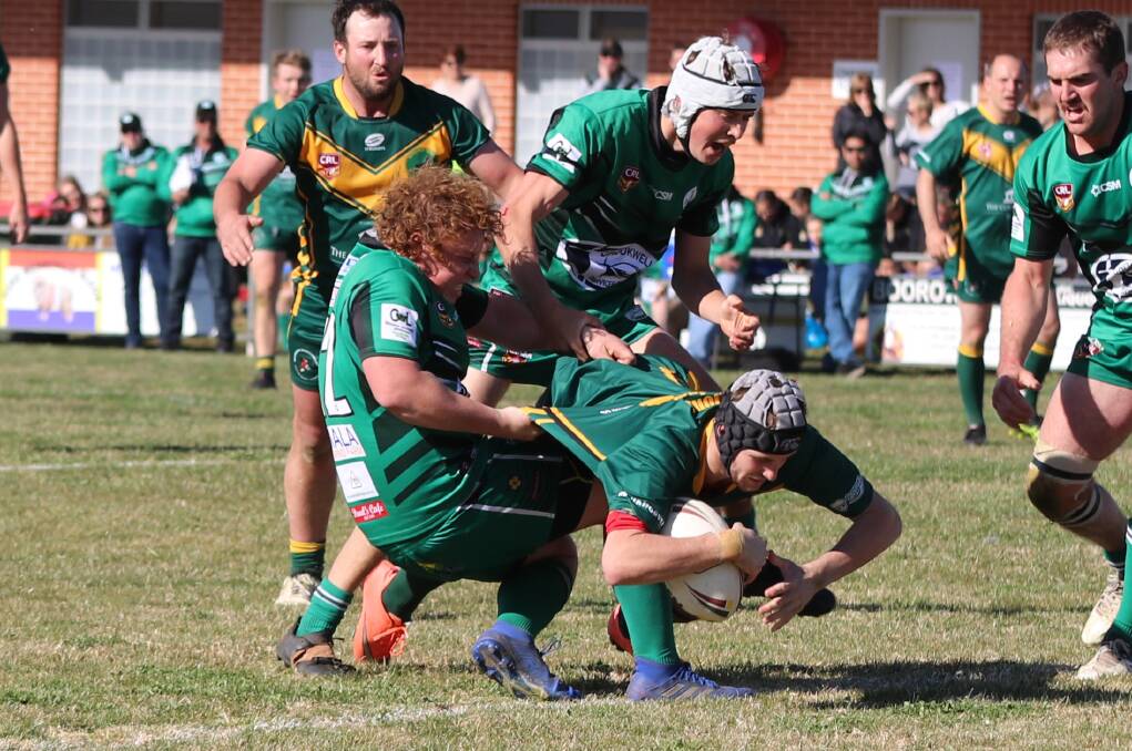 Wil Stanley scores a try for the Boorowa Rovers in their 48-12 loss to the Crookwell Green Devils. Photo: Sharon Hinds