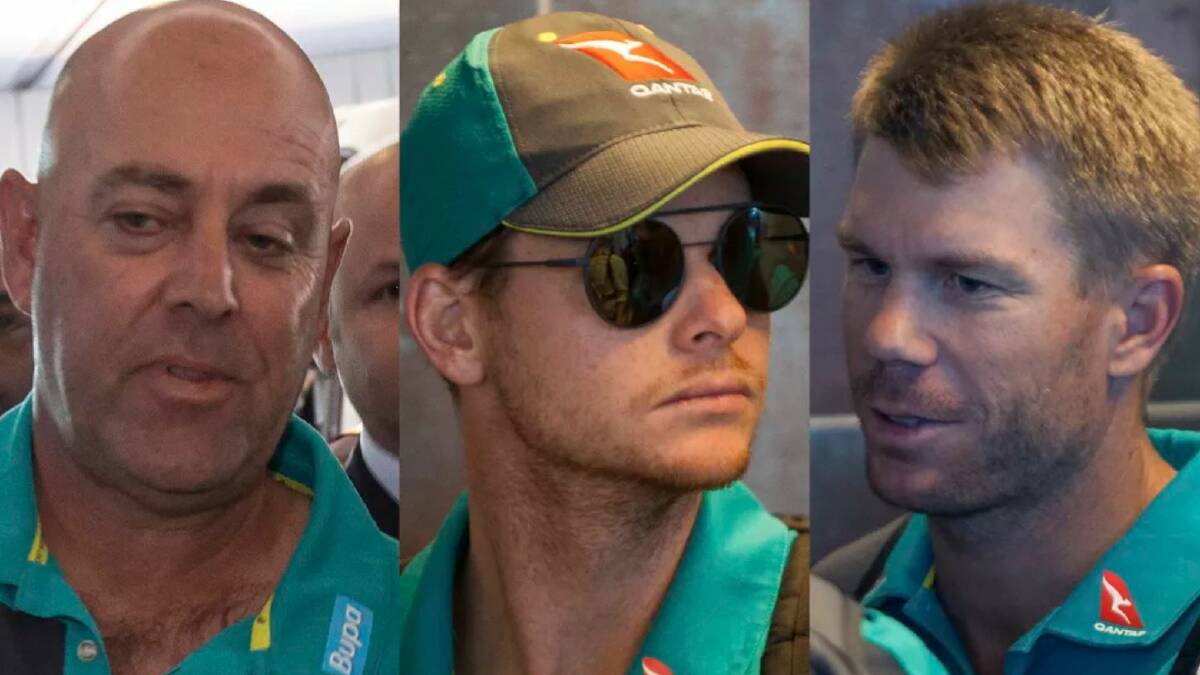 Darren Lehmann, Steve Smith and David Warner at the Cape Town International airport to depart to Johannesburg. Photo: AP