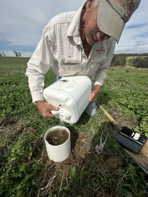 Bill Daly of YLAD Living Soils checking water infiltration in a pasture paddock ready to have a multi-species crop sown in 2024. The infiltration rate was a huge 1550 mm per hour.
