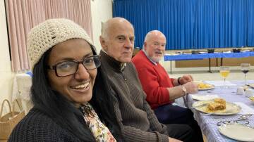 Guest speaker Sorubi Thavaratnam with Ron Hoile and Deacon Patrick Whale at Saturday night's combined churches' dinner. Sorubi spoke of her Christian faith and her work as a school counsellor. Photo contributed.