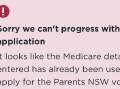 The message some parents are receiving when trying to apply for the vouchers though the Service NSW website.