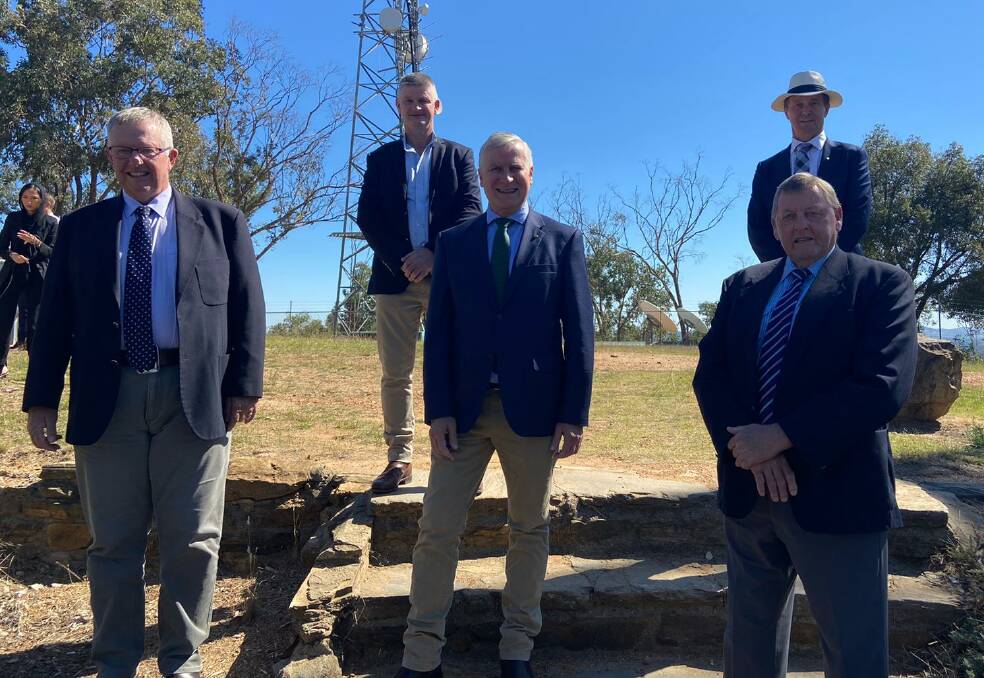 Back - Hilltops Mayor, Brian Ingram and Snowy Valleys Mayor, James Hayes. Front - Minister for Regional Communications Mark Coulton, Deputy Prime Minister Michael McCormack and Cootamundra-Gundagai Regional Council Mayor Abb McAlister.