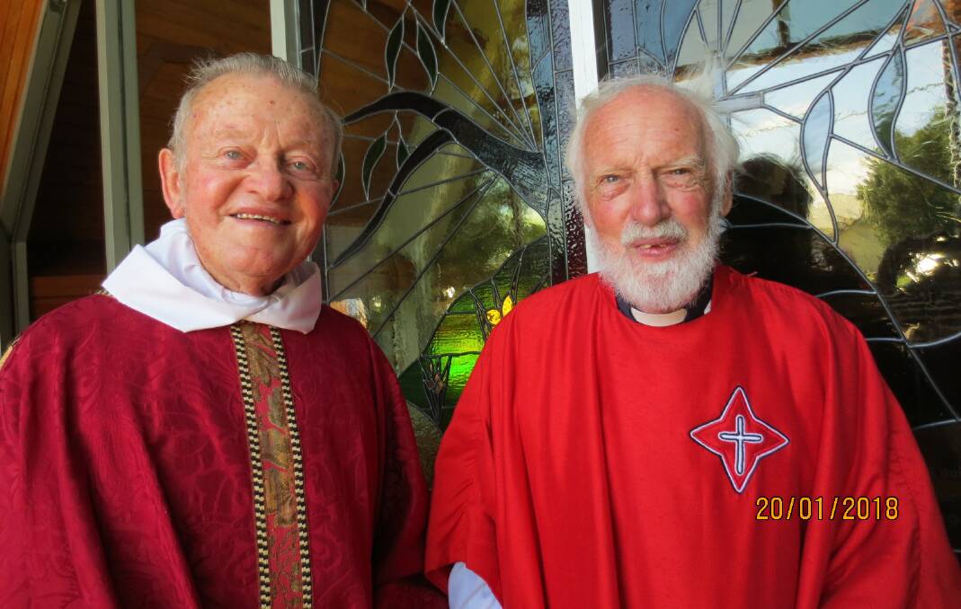  Fr Bill Pryce and Canon Bill Wright following the Thanksgiving Eucharist in Christ Church, Cootamundra. Both were ordained 60 years ago. Photo by Jill Hodgson.

 