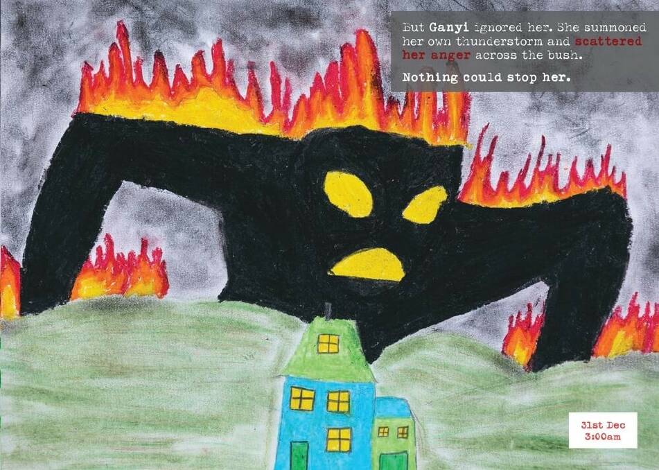 A dramatic drawing from the book The Day She Stole The Sun, produced by pupils of Cobargo school. It was part of the healing process after disastrous bushfires in the area.