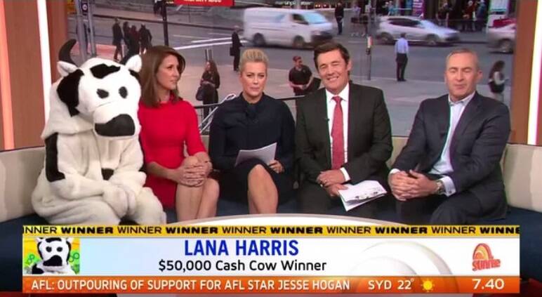 Lana Harris of Boorowa won $50,000 on Wednesday morning from the Cash Cow segment on Channel 7's Sunrise. 