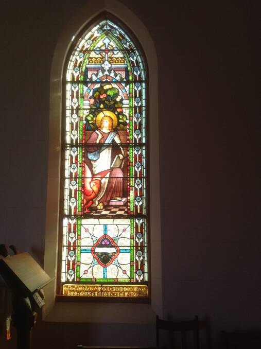 One of the historic windows of St Johns Church marked for complete restoration. Representing St John the Evangelist, it is in memory of prominent former local resident John Ovens.