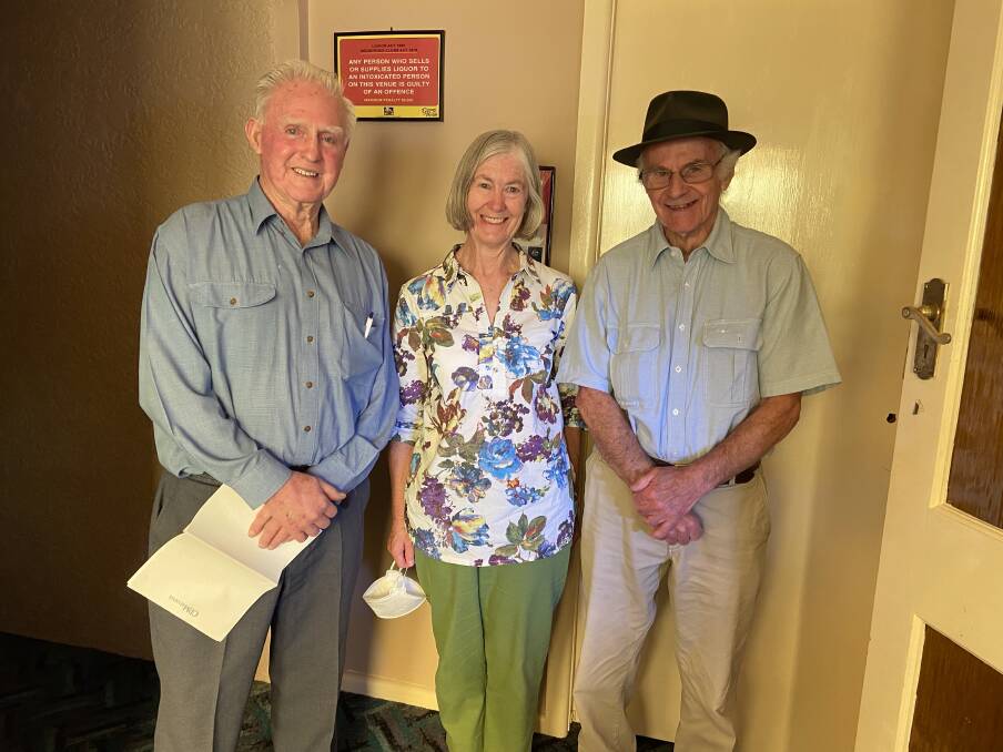 Balladeers Bede Morrissey, Robyn Sykes and Ron Hoile pose for the camera following last weeks very successful programme. The small but appreciative audience enjoyed a splendid afternoon of yarns and ballads.