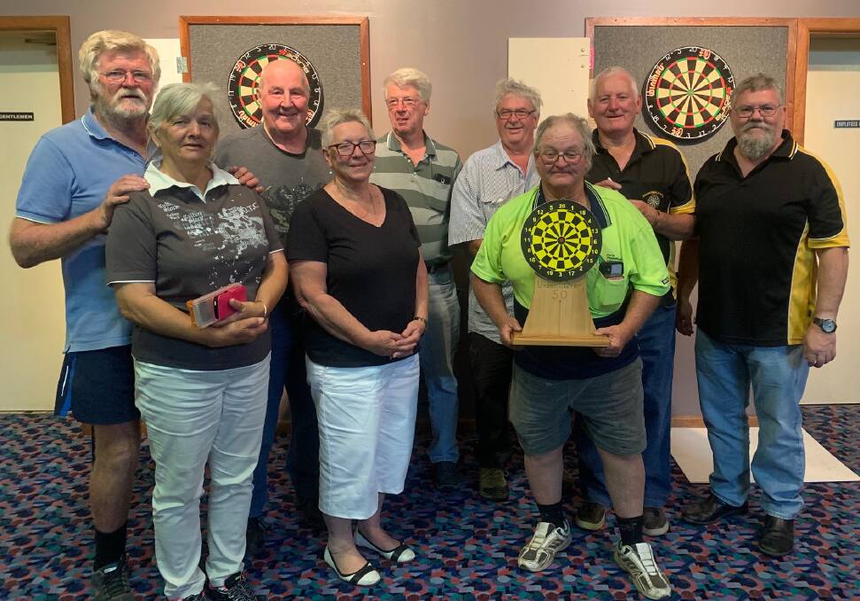 Members of the Over 50s victorious darts team from the recent Franks Apps Memorial match. 