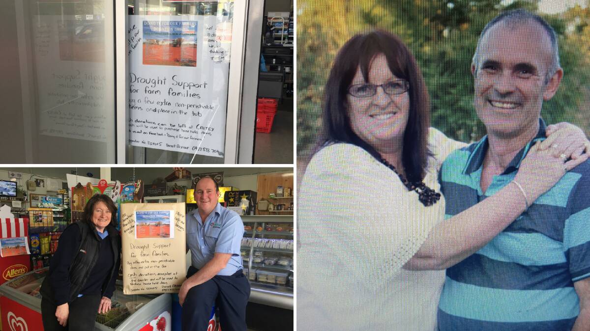 Clockwise from top left: Donations can be taken to IGA; Robyn and Darrell Armour; and see Stu and Dee Johnston at the Caltex Servo to drop off donations. 