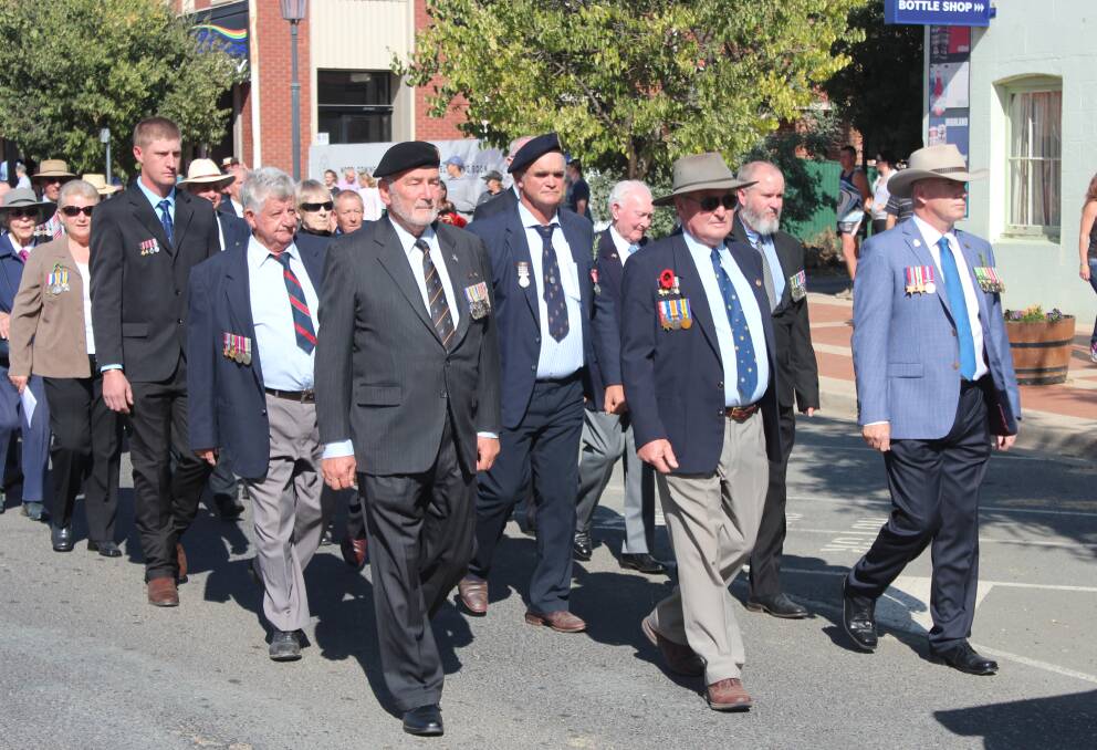 Veterans march at last year's Boorowa Anzac Day service. 