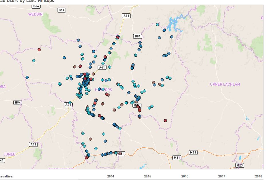 Crash sites in the Hilltops region between 2014 and 2018. Red dots signify fatalities. Photo: contributed