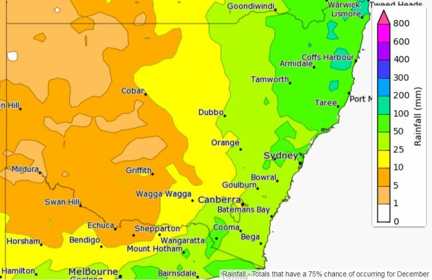 The Bureau of Meteorology has predicted less than average rainfall for most of regional NSW in December despite a La Nina. Photo: BUREAU OF METEOROLOGY