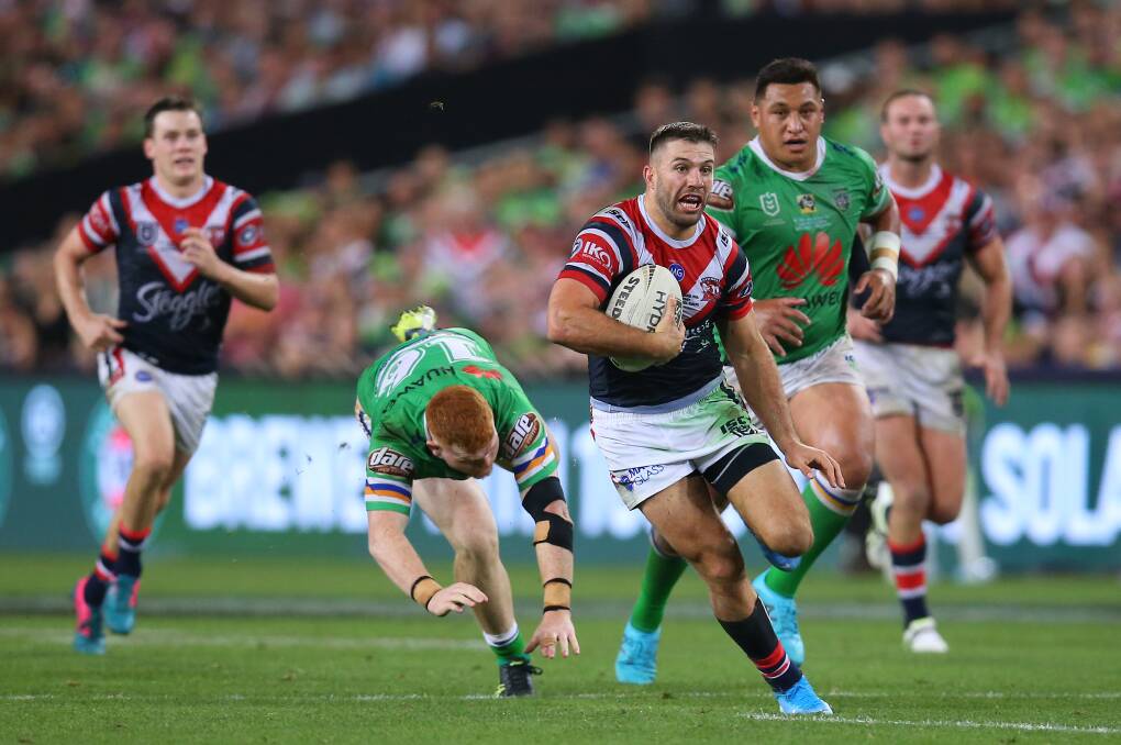 Voted as the number one player by Laurie Daley for his ability to cover ground quickly, Roosters' James Tedesco runs the ball during the 2019 NRL Grand Final match against the Canberra Raiders. Photo: Jason McCawley/Getty Images
