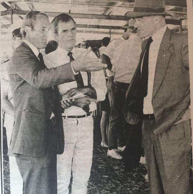 Former State Governor Sir David Martin with stewards James Corcoran and Rodney Evans at the Centenary Show 30 years ago.