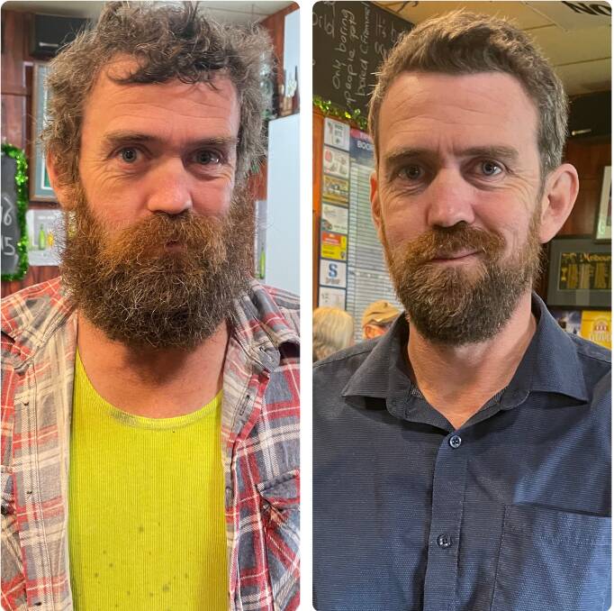 Andrew Dinsk before and after his encounter with the Barbering Biker.