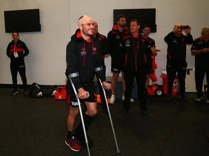 David Zaharakis left the ground on crutches after the Bombers' 32-point AFL win over Fremantle.