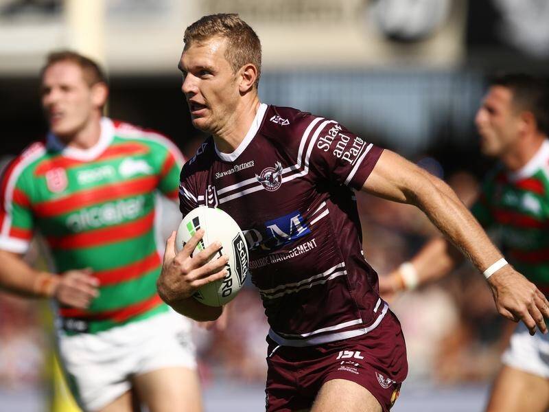 Sea Eagles' Tom Trbojevic in action before being forced off against the Rabbitohs through injury.