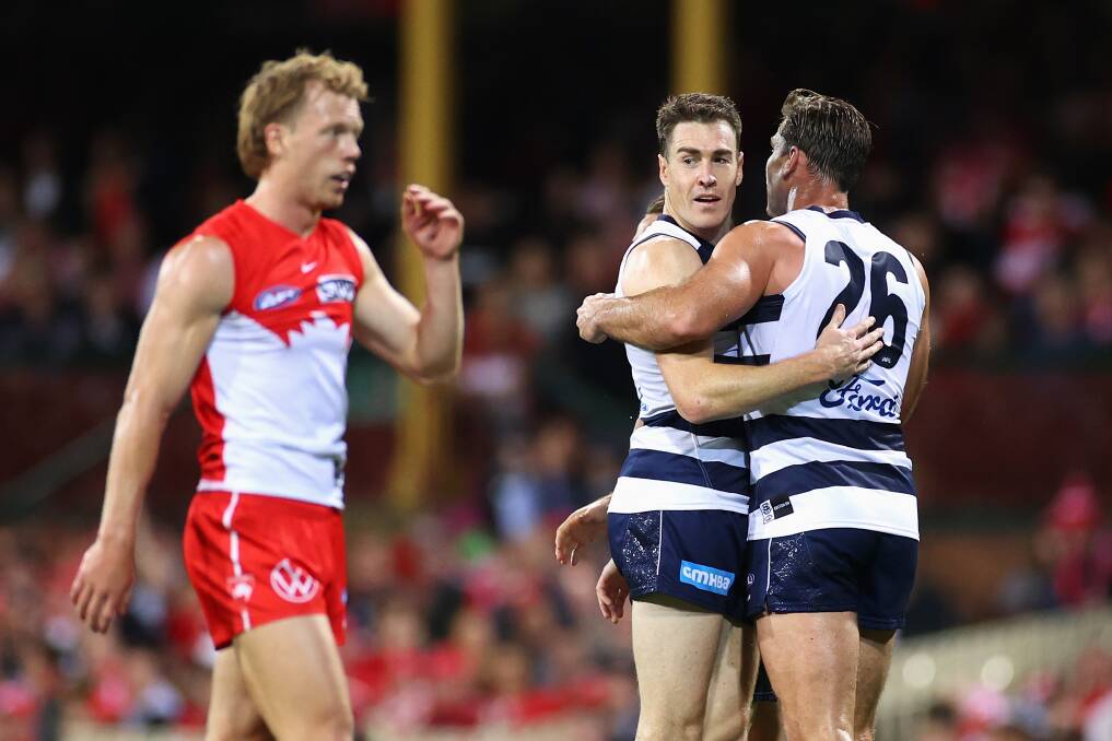 POOR CALL: Geelong's Jeremy Cameron fell victim to a poor umpiring decision in his team's clash against the Sydney Swans on Saturday. Photo: Cameron Spencer/Getty Images