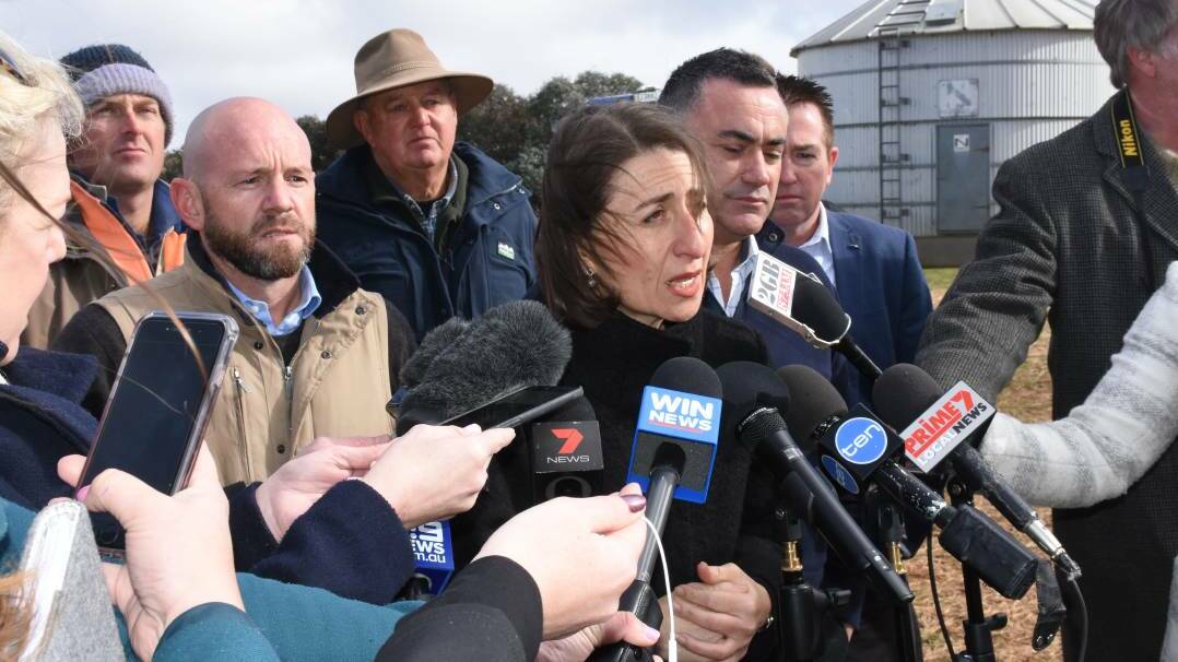 NSW Premier Gladys Berejiklian at her recent announcement of the NSW Government's $500 million Emergency Drought Relief Package at a Bathurst region farm. Photo: NADINE MORTON 073018nmdrought1

