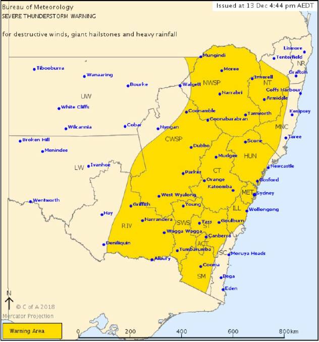 A severe thunderstorm warning is in place for the Central West and much of NSW. Image: BUREAU OF METEOROLOGY