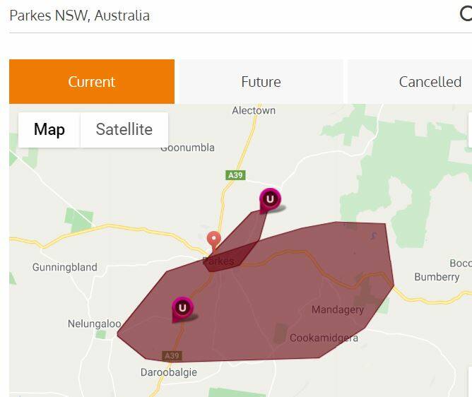 BLACKOUT: 3028 people were suddenly without power when a brief storm hit Parkes at 5.36pm on Monday. Image: Essential Energy website